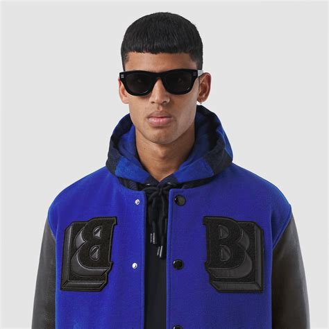 Leather Sleeve Technical Wool Varsity Jacket In Oceanic Blue Men Burberry® Official