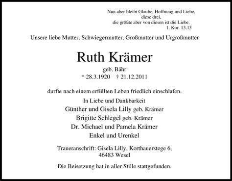 Traueranzeigen von Ruth Krämer Trauer in NRW de