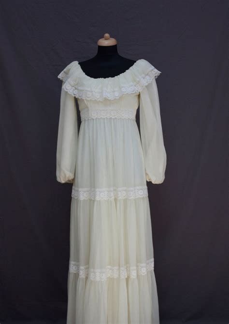 70s Lace Boho Wedding Dress Peasant Style Bridal Gown Etsy Boho