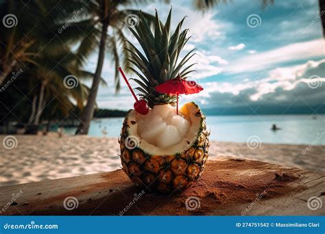 A Frozen Tropical Pina Colada Served In A Chilled Coconut Shaped