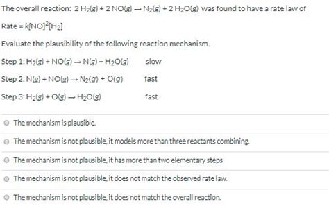 Solved The Overall Reaction 2 H2g 2 Nog N2g 2