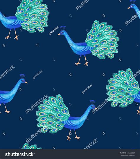 Seamless Hand Drawn Peacock Bird Pattern Stock Illustration 603230654