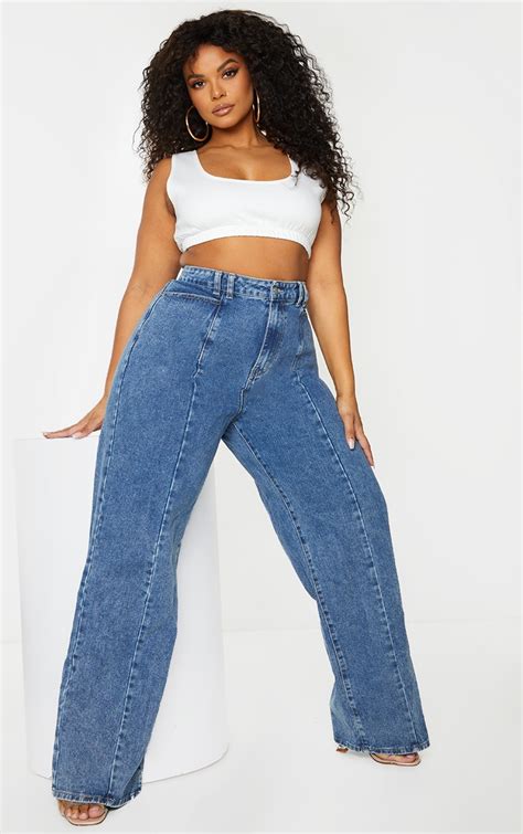 Plus Vintage Wash Seam Front Wide Leg Jeans Plus Size