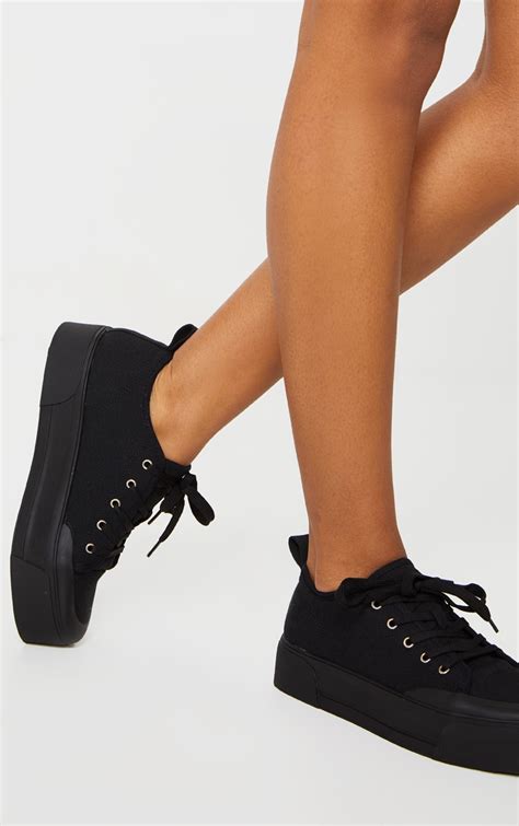 Black Flatform Lace Up Canvas Trainers Prettylittlething Ie