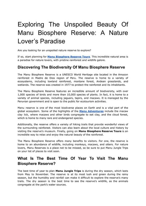 Exploring The Unspoiled Beauty Of Manu Biosphere Reserve: A Nature