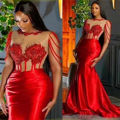 2024 Rojo Árabe Aso Ebi Vestidos De Noche Cuentas Cuello Transparente