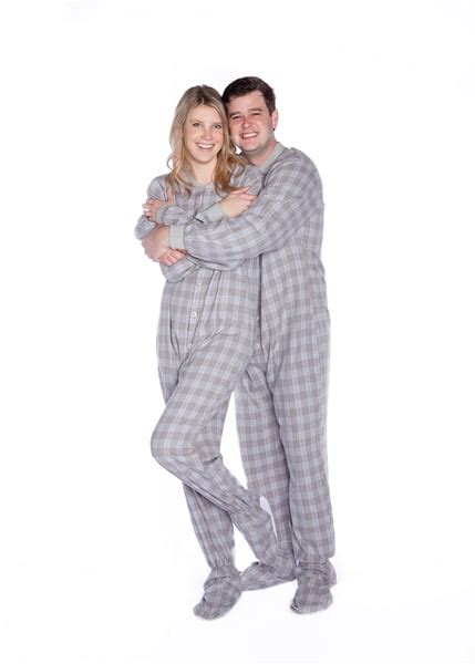 Grey And White Plaid Flannel Mens Adult Footed Pajamas Drop Seat Footed