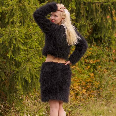 Sexy Black Fuzzy Cropped Mohair Sweater And Mini Skirt By Supertanya