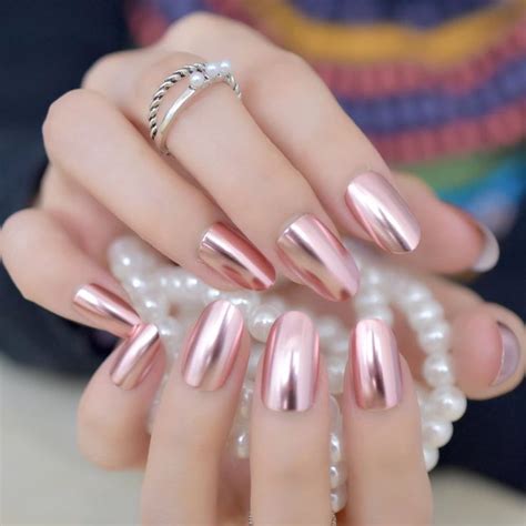 Matte Metal Nail Art Tips Light Pink Metallic Mirror Pre Designed Fake Nails Pink Chrome Nails