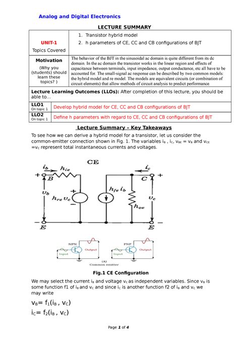 H Parameters Of Ce Cc And Cb Configurations Of Bjt Lecture Summary