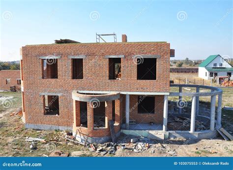 Built Residential Brick House. House Construction Site Stock Image ...