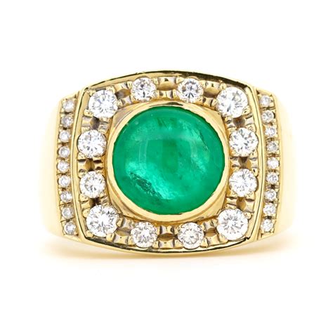 K Yellow Gold Ct Polished Emerald Diamond Gents Ring Diamonds On