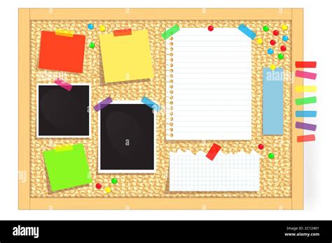 Cork Board With Sticky Notes Paper Sheets Pins And Photographs Isolated Vector Illustration