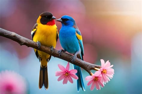 Foto dos pájaros posados en una rama con flores rosas Foto Premium