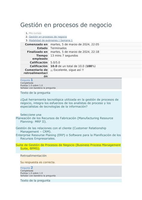 Examen Semana 01 Gestión En Procesos De Negocio Utel Gestión En Procesos De Negocio 1 Mis