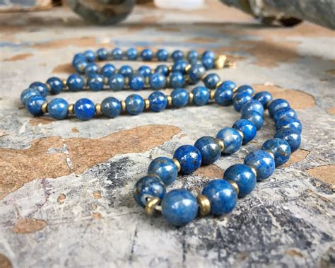 Vintage Lapis Lazuli Bead With Brass Spacer Necklace For Women Estate Jewelry Southwestern Style