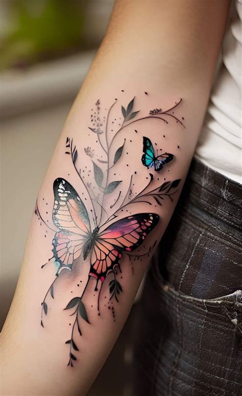 A Womans Arm With A Butterfly And Flower Tattoo On The Left Side Of