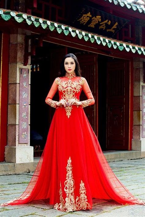 Custom To Make Vietnamese Traditional Wedding Ao Dai Gold Lace In Red