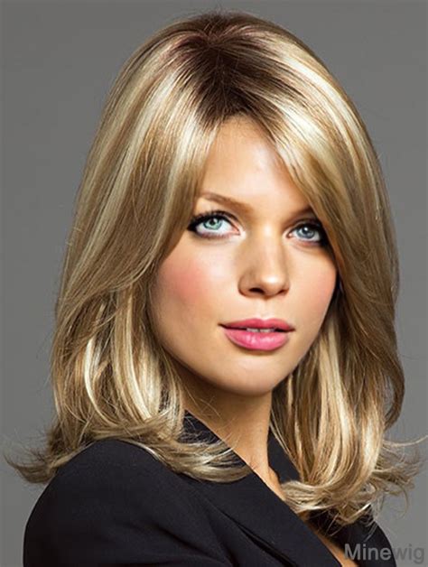 Fashionable Blonde Shoulder Length Straight Layered Lace Front Wigs