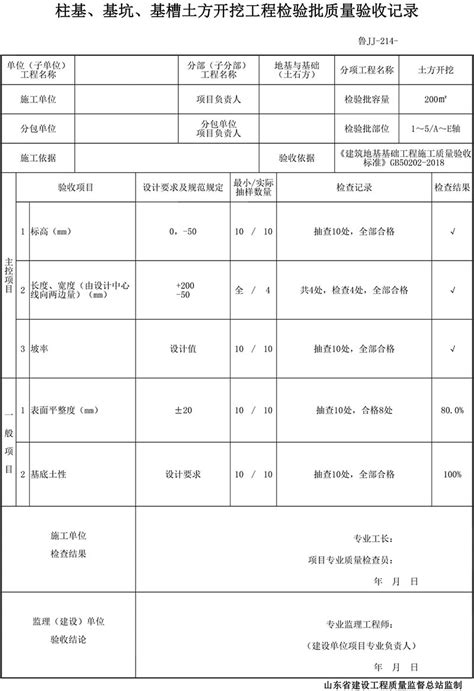 【土方开挖】鲁jj 214 柱基、基坑、基槽土方开挖工程检验批质量验收记录品茗逗逗网品茗施工软件服务平台