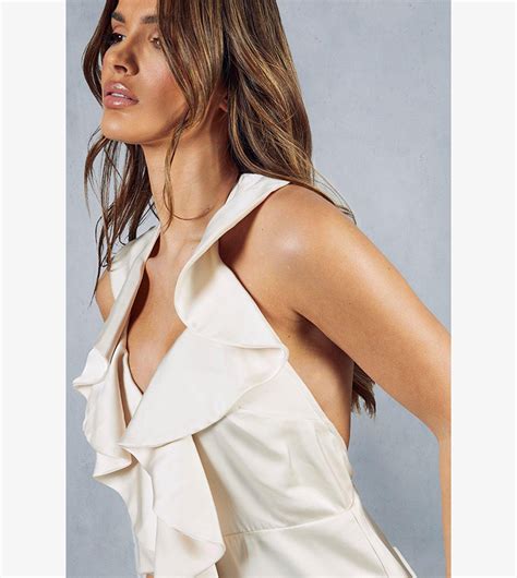 Buy Misspap Premium Satin Frill Wide Leg Jumpsuit In White 6thstreet Uae