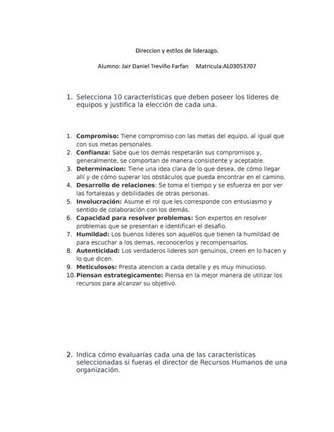 Direccion Y Estilos De Liderazgo Evidencia 1 Direccion Y Estilos De