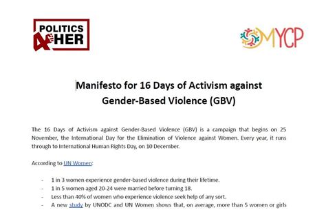 Manifesto For 16 Days Of Activism Against Gender Based Violence Gbv