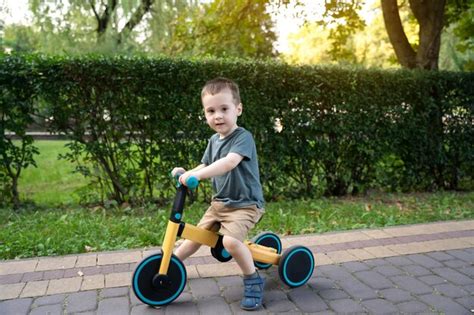 Premium Photo | A cute toddler boy of two or three years old rides a ...