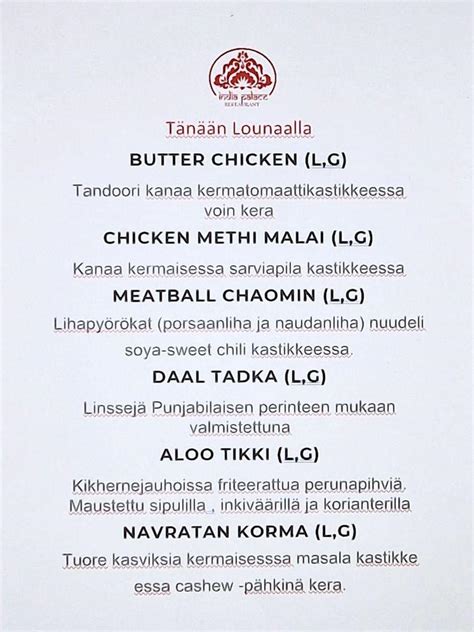 Menu At Ravintola India Palace Restaurant Kotka