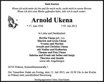 Traueranzeigen Von Arnold Ukena Nordwest Trauer De