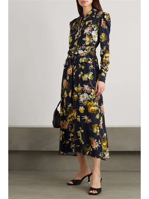 ERDEM Uriel Belted Asymmetric Floral Print Crepe Midi Dress NET A PORTER