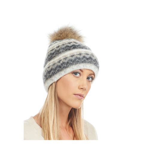 Icelandic Knit Wool Double Cuff Beanie Hat With Coyote Pom Pom