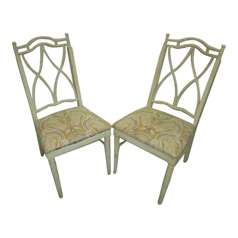 1970s Hollywood Regency Faux Bamboo Allegro Dining Room Side Chair Upholstered Seat Set Of 2