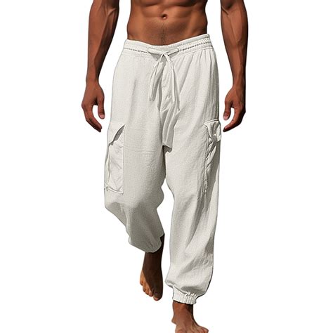 Kpoplk Mens Cotton Linen Baggy Trousers Wide Leg Elastic Waist Casual