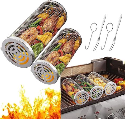 Rolling Grill Basket Stainless Steel Wire Mesh Cylinder Grilling Basket Portable