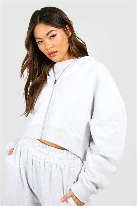 Ash Grey Zip Through Cropped Hoodie Boohoo Uk