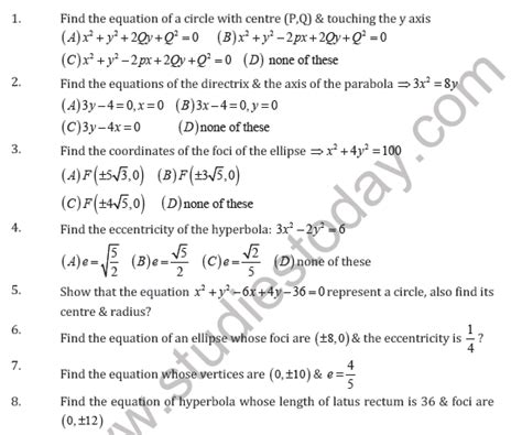 Cbse Class 11 Conic Section Worksheet A