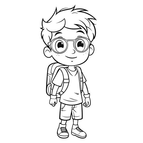 Boy Is Standing With A Backpack And Glasses Outline Sketch Drawing