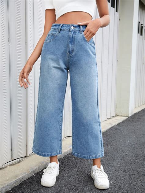 Shein Zipper Fly Wide Leg Jeans Wide Leg Jeans Denim Women Fashion