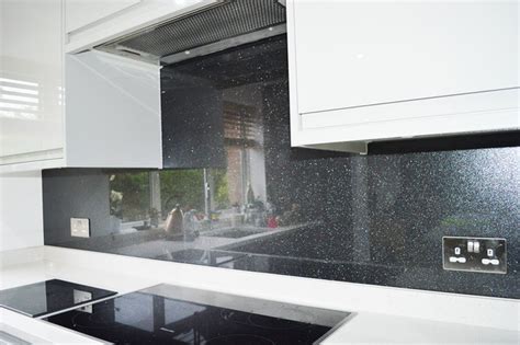 Black Plain Colour With Heavy Fine Sparkles Glass Splashback Modern Kitchen Hertfordshire