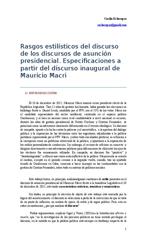 Doc Rasgos Estilísticos De Los Discursos De Asunción Presidencial Especificaciones A Partir