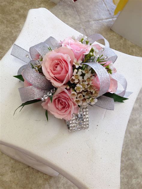 Rhinestone Bracelet With Silver Ribbons And Pink Spray Roses Corsage