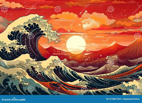 Vintage Japanese Engraving Style Great Wave. Japanese Ocean or Sea ...