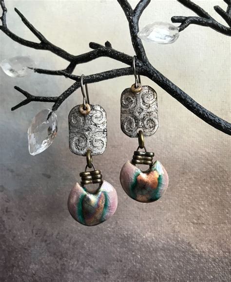 Raku Luster Mixed Metal And Ceramic Earrings Rolling Mill Imprinted