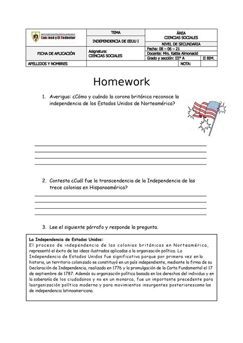 Independencia DE Estados Unidos I 3ERO SEC TEMA ÁREA CIENCIAS