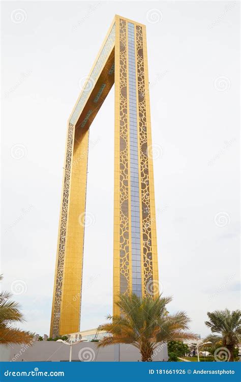 Dubai Frame Golden Observation Attraction Low Angle View In A Cloudy