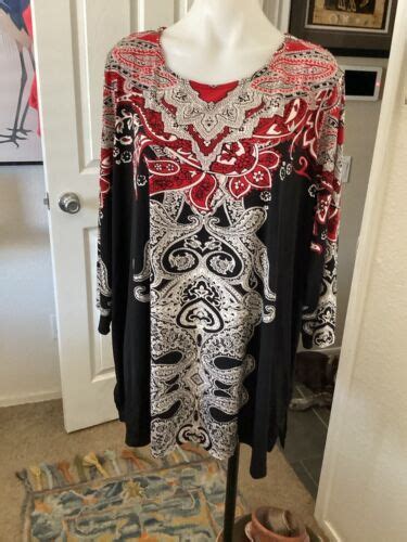 Susan Graver Liquid Knit 3 4 Sleeve Black Red Paisley Tunic Top 3x Ebay