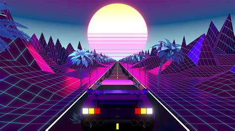 Retro, Futuristic 80s Design - Car Driving on a Road, Palm Trees and