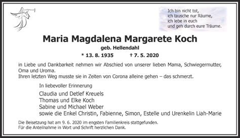 Alle Traueranzeigen für Maria Magdalena Margarete Koch trauer rp