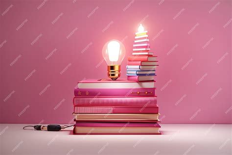 Premium Ai Image Stacked Pink Book And Light Bulb Minimal Concept